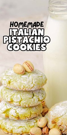 homemade italian pistachio cookies stacked on top of each other next to a glass of milk