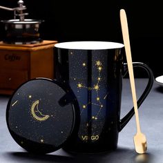 Starry Sky Zodiac Ceramic Mug Set | 12 Constellations Bone China Mug with Gold Spoon and Lid - A Gothic Universe - Mugs Creative Mugs, Ceramic Mug With Lid, 12 Constellations, Bar Patio, Virgo And Libra, Zodiac Constellations, Garden Wall Art, Daily Ritual, Mug Design