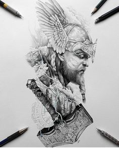 a pencil drawing of a man with wings on his head, holding a knife and looking at something