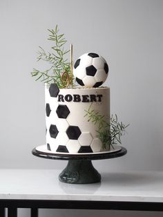 a black and white cake decorated with soccer balls on a table next to a potted plant