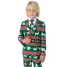 Is your little man looking for an outfit to go out of the year with a bang? This festive Christmas costume is the perfect outfit for the x-mas and New Year's Eve season. It's a more stylish version on the ugly Christmas sweater, so you'll be the best-dressed of your family and friends for sure. Santa will even give you more presents than ever because of your great Christmas attire. So, what are you waiting for? Have fun this Christmas! Holiday Green Long Sleeve Sets, Winter Long Sleeve Costume Party Sets, Winter Party Green Suit, Green Winter Party Suit, Red Party Sets For Winter, Fitted Christmas Party Sets, Green Christmas Holiday Sets, Christmas Long Sleeve Fitted Sets, Fitted Long Sleeve Christmas Sets