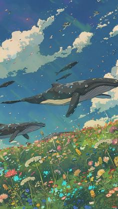 two humpbacks are swimming in the water near some flowers and grass on a sunny day