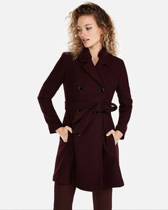 EXPRESS DOUBLE BREASTED BELTED WOOL BLEND TRENCH COAT Brand: Express Color: Burgundy Material: Wool/Polyester/Rayon     Condition: New; inside label is marked to prevent retail returns Details: This luxurious trench coat keeps you toasty on chilly days and late nights thanks to a rich wool blend, a belted waist and a classic profile. It's perfect over your favorite looks all season long. Notch lapels, full button front. Long sleeves; Belted waist. Slant hand pockets. Full silky lining; Straight Diy Style, Vest Jacket, Double Breasted, Wool Blend, Trench Coat, Women Accessories, Couture, Things To Sell, Wool