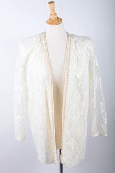 Filigree, White Lace, Blazer, Wedding, Jacket, Evening, Fancy, Bridal, Pearl Trim, Long Sleeve, Semi Blazer Wedding, Lace Blazer, Wedding Jacket, Bridal Pearls, 1980s Vintage, Hat Sizes, Fascinator, White Lace, Trim