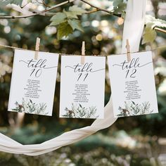 wedding seating cards hanging from a tree with white ribbon and greenery in the background