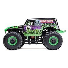 the monster truck is painted green and black