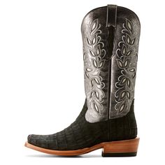 A modern take on tradition for today's cowgirl, this metallic boot is a stunner. Vintage-inspired floral inlays cover the shafts, while the foot is wrapped in gorgeous suede caiman belly. Perfect for taking names in the arena or turning heads around town. Futurity Silk Western Boot | Product Features : 0 : ATS® technology provides ergonomic support on uneven terrain, 1 : TekStep provides toe-to-heel cushion for comfort, 2 : Removable Pro Performance insole for cushioning and shock absorption, 3 Western Black Boots With Crocodile Pattern, Black Western Boots With Crocodile Pattern, Western Leather Boots With Crocodile Pattern, Fitted Western Boots With Crocodile Pattern, Silver Fitted Snip Toe Boots, Silver Leather Western Boots, Silver Western Boots With Snip Toe, Womens Western Fashion, Western Work