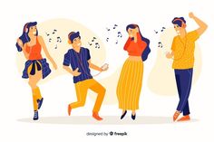 three people dancing together with musical notes in the background and music notes coming out of their ears