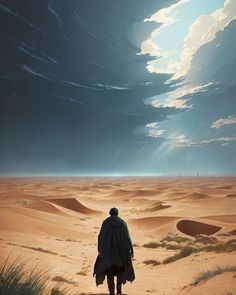 a man standing on top of a desert under a cloudy sky