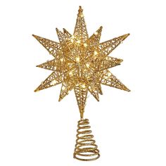 a christmas tree topper with lights and spirals on the bottom is shown in gold