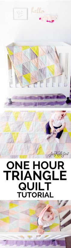 a baby crib is shown with the words one hour triangle quilt pattern on it