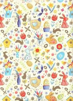 an image of a colorful pattern with rabbits and flowers