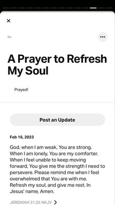 an iphone screen with the text prayer to refresh my soul on it and a photo of