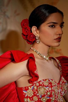 Scarlet red lehenga with attached cancan, floral print and pleated detailing. Paired with sequin embroidered padded blouse and dupatta.
Component: 3
Pattern: Printed
Type Of Work: Floral
Neckline: Sweetheart
Sleeve Type: Ruffle sleeves
Fabric: Lehenga: Crepe Silk, Blouse: Raw Silk, Dupatta: Net
Color: Red
Other Details: 
Scallop bordered dupatta
Back criss cross detailing
Note: Outfit worn by the model on right is not for sale
Occasion: Destination Wedding - Aza Fashions Frill Lehenga, Floral Print Lehenga, Blouse Lehenga, Frill Blouse, Red Lehenga, Dupatta Set, South Asian Wedding, Traditional Fashion, Asian Wedding