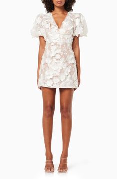 Elliatt Rosalind Floral Embroidered Puff Sleeve Cocktail Minidress | Nordstrom Spring Lace Puff Sleeve Mini Dress, Spring Lace Dress With 3d Embroidery, Spring Mini Dress With Floral Applique, Spring Floral Applique Mini Dress, Fitted Spring Dress With 3d Embroidery, Embellished Lace Mini Dress, White Floral Applique Mini Dress For Spring, White Mini Dress With Floral Applique For Spring, Evening Mini Dress With Floral Applique