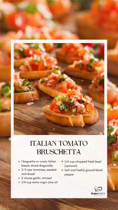 an italian tomato bruscheta recipe on a wooden cutting board