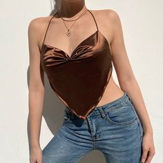 size chart Fashion 2000s, Clothes Streetwear, Backless Halter Top, Brown Crop Top, Crop Top Women, Lace Outfit, Scarf Top, Backless Top, 90s Aesthetic