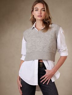 Luxury comes in all shapes and sizes.  Take this cropped bouclé sweater vest, cut above the waist in an unexpected proportion and made from a lavish blend of silky soft alpaca.  SEMI-FITTED: Cut for a not-too-tight, not-too-loose fit.  SUSTAINABILIT Gray Vest Outfit, Romantic Clothing Style, Satin Outfit, Cropped Wool Sweater, Sweater Vest Outfit, Florida Outfits, Open Coat, Cold Fashion, Wind Chill