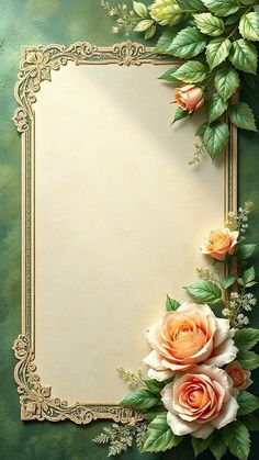 an ornate frame with roses and greenery on a green painted background for text or image