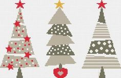 cross stitch christmas trees with hearts and stars