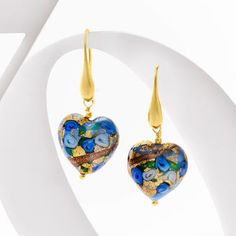 Ross-Simons - Italian Multicolored Murano Glass Heart Bead Drop Earrings, 18kt Yellow Gold Over Sterling. From Italy, these lovely 16x16mm Murano glass heart bead drop earrings feature a marbled myriad of colors including royal blue, green, light blue and gold with shimmering bronze foil. Finishes with 18kt yellow gold over sterling silver earwires. Hanging length is 1 1/2". Murano glass is unique and will vary. Multicolored Murano glass heart bead drop earrings. Elegant Multicolor Earrings For Valentine's Day, Elegant Multicolor Heart Earrings For Gift, Elegant Multicolor Heart Earrings Gift, Elegant Gold Murano Glass Earrings, Bead Drop Earrings, Murano Glass Beads, Beaded Drop Earrings, Glass Heart, Heart Beads