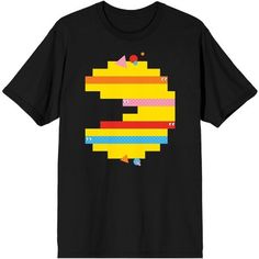 Celebrate your favorite video games with this Pac-Man tee. The shirt features a Pac-Man made of pixels with orange, pink, red, and blue stripes running across the character. The tee comes in a black short sleeve crew neck. Fans of the Pac-Man games will love this fun design. Pacman Ghost, Man Games, Sleeve Packaging, Pac Man, Fun Design, Pattern Graphic, Striped Tee, Orange Pink, Black Shorts