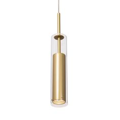 a gold and clear pendant light hanging from a ceiling fixture with a white cord attached to it