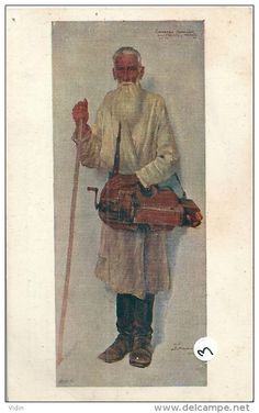 an old painting of a man holding a violin and walking with a cane in his hand