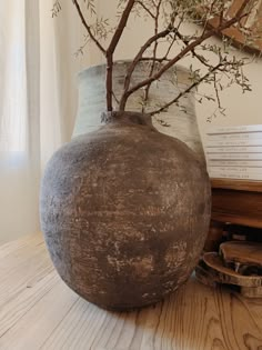 a vase with a tree in it sitting on a wooden table next to a book