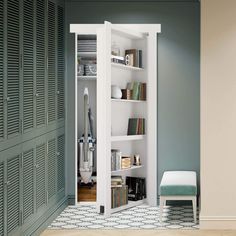 an open bookcase in the corner of a room next to a chair and bookshelf