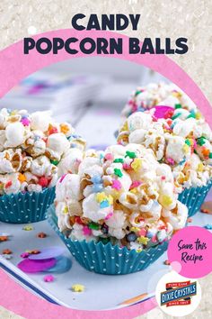 some kind of candy popcorn balls with sprinkles on top and the title above it