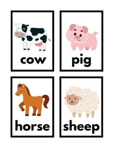 four pictures with different animals and words in black, white, and pink on them