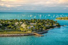 an island surrounded by palm trees and sailboats in the ocean with houses on it