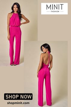 Beautiful hot pink open back valentines day jumpsuit. Consisting of a comfortable stretch fabrication and an open back halter top design. Spring Evening Halter Neck Strapless Jumpsuit, Spring Evening Strapless Halter Neck Jumpsuit, Pink Halter Neck Top For Evening, Pink Stretch Jumpsuits And Rompers For Evening, Fitted Jumpsuits With Back Opening, Fitted Jumpsuits And Rompers With Back Opening, Chic Pink Backless Halter Top, Pink Stretch Backless Halter Dress, Elegant Pink Stretch Jumpsuits And Rompers