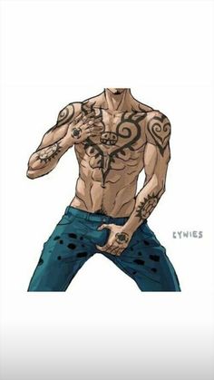 a drawing of a man with tattoos on his chest and arms, standing in front of a