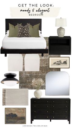 a bedroom with black and white furniture and accessories