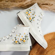 '' Custom Embroidered Wedding Shoes, White Flower Embroidered Sneakers, Daisy Embroidered Converse, White Flower Garden Embroidery Sneakers, Wedding Converse, Wedding Gifts'' 🍀 Price includes Converse Shoes and Floral Embroidery Designs as shown 🍀 🍀 Shoe Type: Converse 1970s 🍀 Shoe color: 2. Invory_1970s 1. DETAILS 🍀 You can send me your Converse, Vans, canvas shoes or I can buy them for you. Custom-ordered embroidered Vans and Converse shoes, please wait another 2-4 days. Each pair is hand Spring Wedding High-top Sneakers, Spring Sneakers With Embroidered Round Toe, Spring Embroidered Sneakers With Round Toe, Spring Embroidered Round Toe Sneakers, Wedding Low-top Sneakers With Floral Embroidery, Multicolor Embroidered Sneakers For Summer, Spring Wedding Sneakers With Round Toe, Spring Wedding Embroidered Sneakers, Spring Embroidered High-top Sneakers