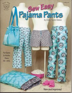 two mannequins and one bag are on display with the words sew easy pajama pants