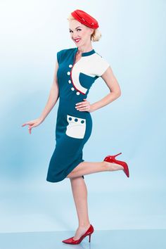 This dress is a sample. Vintage Dress Blue, 1940's Fashion, Sailor Dress, Pin Up Dresses, Vintage Pinup, Wiggle Dress, Blue Ivory, Mode Vintage, Pencil Dress