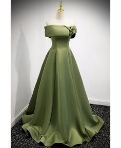 Get 10% off now! Buy elegant green satin off shoulder prom dress for formal at cheap price online. Free stable shipping and pro custom service since 2009. Green Satin Prom Dress, Formal Prom Dresses Long, Green Formal Dresses, Green Evening Dress, Floor Length Prom Dresses, Long Evening Gowns, فستان سهرة, Dress A Line, A Line Prom Dresses