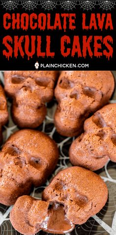 chocolate lava skull cakes on a plate with text overlay that reads chocolate lava skulls