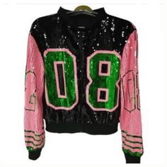 Greek  Sorority Pink Green Black Number 08 Sequin Jacket Clothing Party Club Top Loose Clothes Aka Legacy, Aka Gifts, Aka Fashion, Black Sequin Jacket, Sequins Jacket