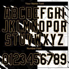 a black and gold alphabet with numbers on the bottom, upper and lowercases