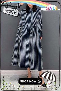 Plus Size Navy Stand Collar Striped Cotton Shirt Dress Fall Casual Striped Long Sleeve Shirt Dress, Casual Striped Shirt Dress With Buttons, Striped Long Sleeve Relaxed Fit Dress, Striped Long Sleeve Dress With Relaxed Fit, Casual Striped Long Sleeve Midi Dress, Striped Long Sleeve Shirt Dress For Daywear, Casual Long Sleeve Striped Midi Dress, Long Sleeve Striped Cotton Midi Dress, Striped Button-up Dress With Relaxed Fit