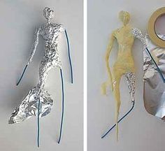 two pictures of different items made out of tinfoil and wood, one with a mannequin on it