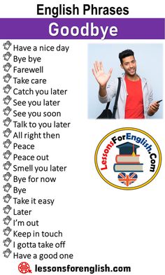 an english phrases poster with the words goodbye on it and a photo of a man