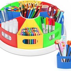 a colorful desk organizer with pencils and markers