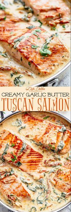 two pans filled with creamy garlic butter tuscan salmon