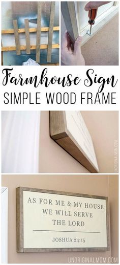 four pictures with the words farmhouse house sign, simple wood frame and hand painted lettering