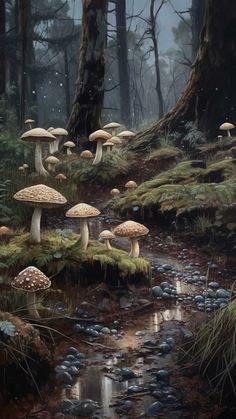 a painting of mushrooms growing in the forest